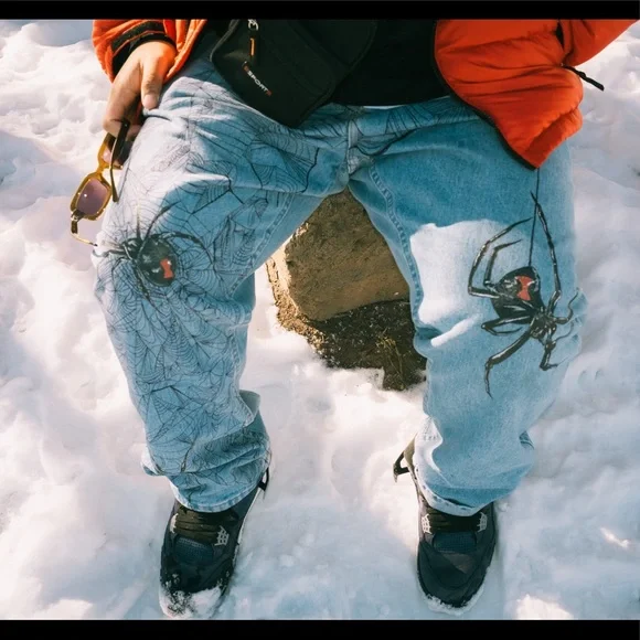 Custom Baggy Vintage Wrangler Jeans (Spider Design) 42x30
